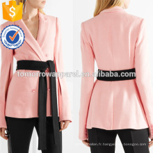 Veste de printemps à manches longues en toile rose v-cou avec ceinture fabrication en gros de mode femmes vêtements (TA0005J)